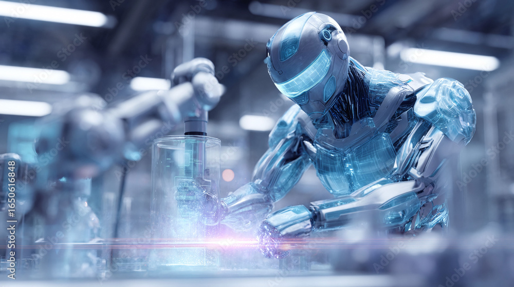 Poster futuristic robot worker in a hightech factory, performing delicate tasks with precision. symbol of a