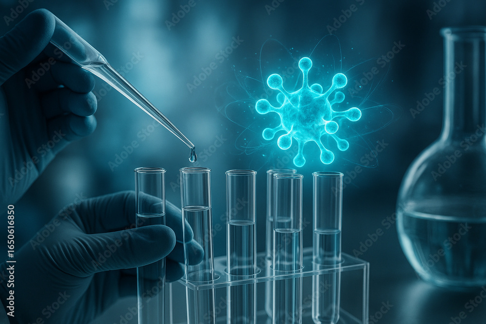 Aufkleber ai generated image of a gloved hand using a pipette to drop liquid into a test tube with a glowing m