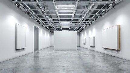 Naklejka premium A minimalist art gallery featuring an empty white canvas on a polished concrete floor, with industrial ceilings, emphasizing simplicity and creativity.