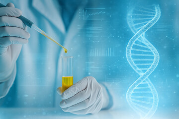 AI generated image of gloved hands using a pipette to drop yellow liquid into a test tube with a large DNA helix and digital graphics symbolizing advanced genetic research