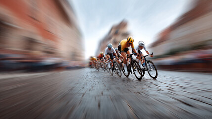A dynamic image showcasing a group of cyclists racing on a cobblestone street. Motion blur conveys speed and intensity. Perfect for illustrating competition, endurance, and teamwork.
