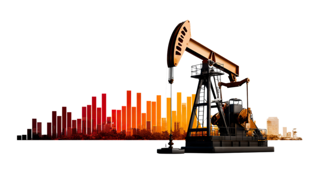 Oil Rig and Financial Graphic: A high-angle view showcases an industrial oil rig juxtaposed with an abstract financial graphic. The scene evokes themes of industry, resources.