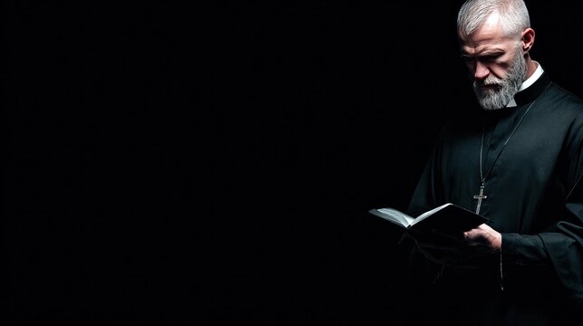A Solemn Clergyman Reads Scripture: A distinguished clergyman with a white beard, wearing a black cassock and cross necklace, stands in darkness, intently reading from a holy book.