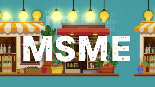 A blue background with two buildings and a sign that says MSME. The sign is surrounded by plants. Flat illustration &ldquo;MSME&rdquo; text filled with retail shop, cafe, grocery icons, conceptual symbolic style
