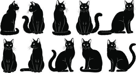 Set of Black Cat Silhouettes Sitting in Various Poses, Cute Feline Animals, Pet Illustration, Halloween