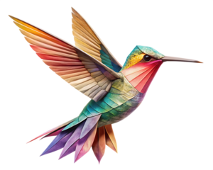 Delicate Hovering Origami Hummingbird isolated on white background ,PNG.AI Generated.