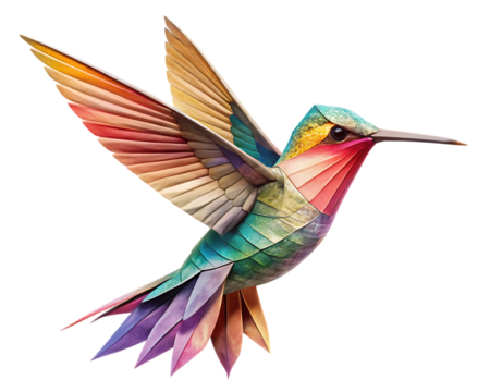 Delicate Hovering Origami Hummingbird isolated on white background ,PNG.AI Generated.