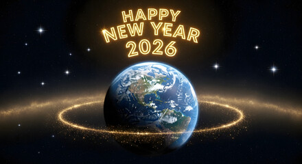  Happy New Year 2026 with Glowing Golden Text and Earth in Space.