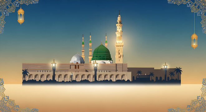 Milad un Nabi Maulid or Mawlid al Nabi islamic background banner with Madina holy mosque lights artwork