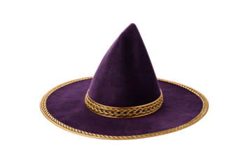 Purple witch hat with golden rope trim and decorative edges, isolated on a transparent background