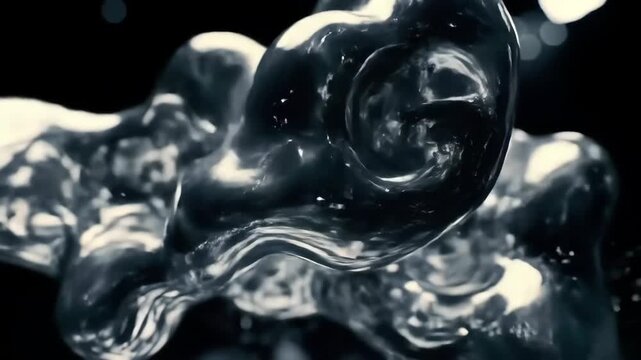Morphing abstract liquid chrome form: hyperreal metallic flow with undulating highlights in void