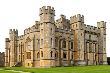 Fototapeta premium Medieval stone castle with Gothic windows, multiple towers, and crenellated walls, isolated on a transparent background