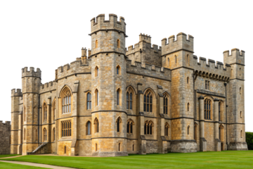 Medieval stone castle with Gothic windows, multiple towers, and crenellated walls, isolated on a transparent background