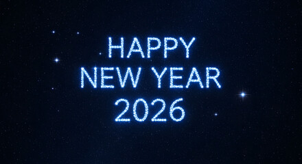 Happy New Year 2026 Glowing Blue Neon Text on a Starry Dark Background.