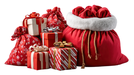 Festive Gift Collection: A charming array of wrapped presents and a large red bag bursting with holiday cheer, symbolizing the spirit of giving and anticipation.