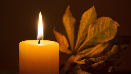 Warm-toned autumnal still life: glowing candlelight illuminates dried leaves, creating a serene and contemplative mood.