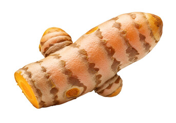 Close-up of a fresh turmeric root with natural color and texture on a black background