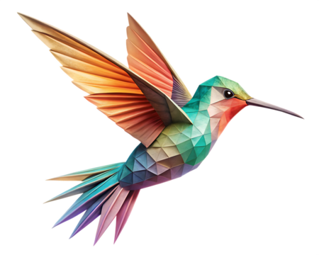 Delicate Hovering Origami Hummingbird isolated on white background ,PNG.AI Generated.