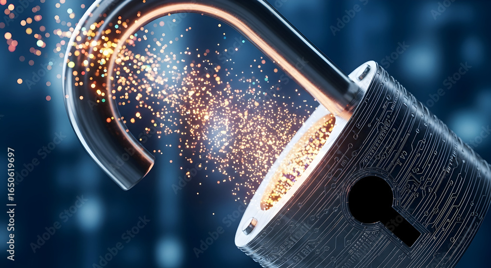 Aufkleber unlocking digital security with a glowing, futuristic padlock and data particles