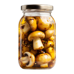 Mushrooms preserved in a jar with herbs and spices for a flavorful culinary addition