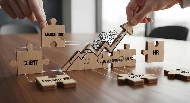 Assemble your business strategy with connected puzzle pieces representing growth and success.