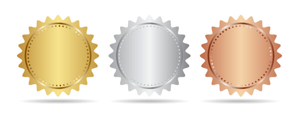 Vector illustration of a set of gold, silver, and bronze medals. Realistic 3D award seals isolated on a white background. Golden design elements for labels, certificates, badges, and winners. eps 10