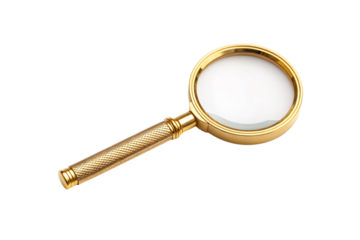 Golden magnifying glass with textured grip handle and clear lens for detailed inspection and analysis, isolated on a transparent background
