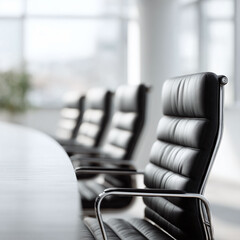 Executive boardroom with black leather chairs around a table. Represents corporate business, meetings, power, success, and leadership. Professional, clean,  modern.