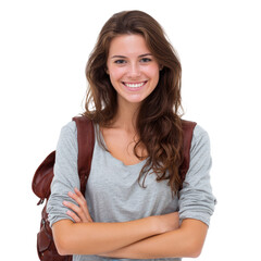 Fototapeta premium A smiling young woman with long brown hair wearing a grey shirt and a brown backpack, arms crossed. background removed
