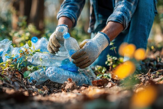 Man in jeansplaid picks up discarded plastic bottles in a forest setting wearing gloves