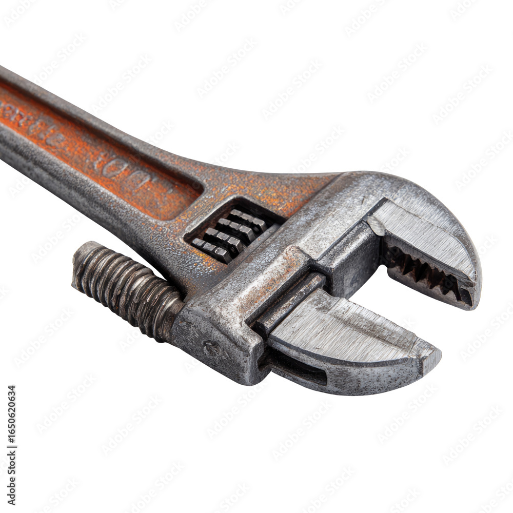 Poster close-up of a rusty, old adjustable wrench with a threaded bolt. background removed