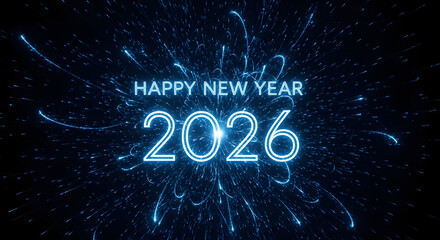  Happy New Year 2026 Glowing Blue Neon Text with Abstract Light Streaks.