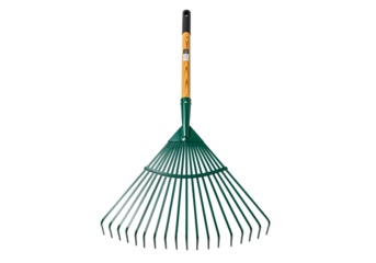 Close-up of a green garden rake with metal tines against a black background for gardening tools