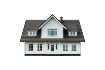 Classic European style house with dark tile roof, white walls, dormer windows, chimney, isolated on a transparent background
