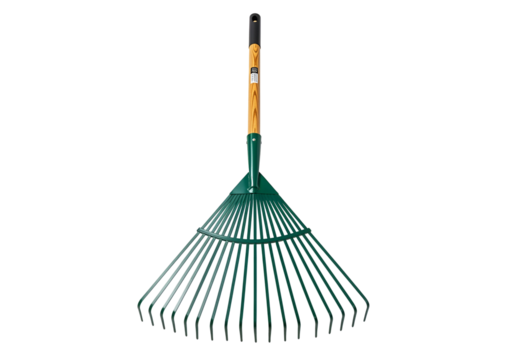 Close-up of a green garden rake with metal tines against a black background for gardening tools