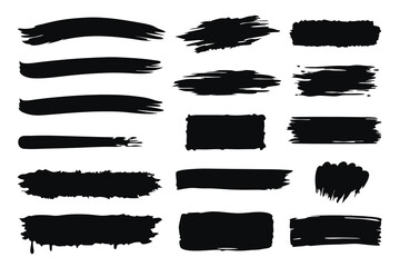Set of vector black paint, ink brush stroke, brush, line, or texture. Dirty artistic design element, box, frame on white background
