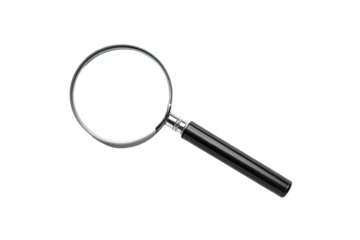 Classic magnifying glass with black handle and silver metal rim for searching and examination purposes, isolated on a transparent background