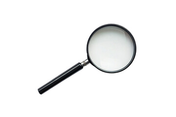 Large magnifying glass with black handle and thick lens rim for detailed inspection and analysis work, isolated on a transparent background