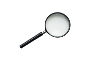 Large magnifying glass with black handle and thick lens rim for detailed inspection and analysis work, isolated on a transparent background