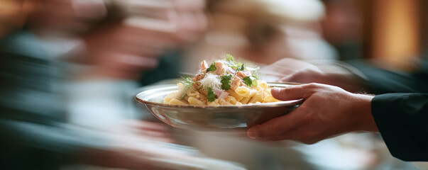 Waiter serving a delicious pasta dish. The motion blur suggests speed and efficiency, perfect for illustrating catering, restaurants, or event services. Food service elegance.