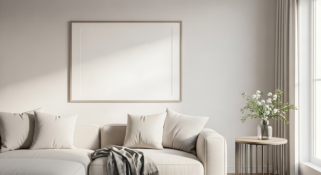 Minimalist living room with blank framed art above a sofa and a side table with flowers