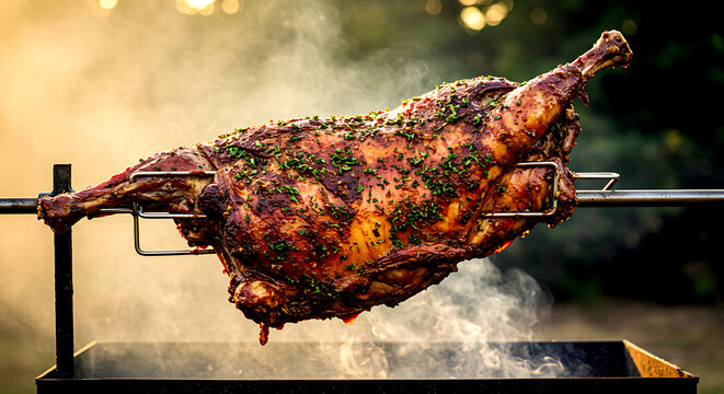  South Africa &ndash; Braai (Whole Spiced Goat). a whole goat marinated in African spices, slow-roasted on a metal spit over wood fire