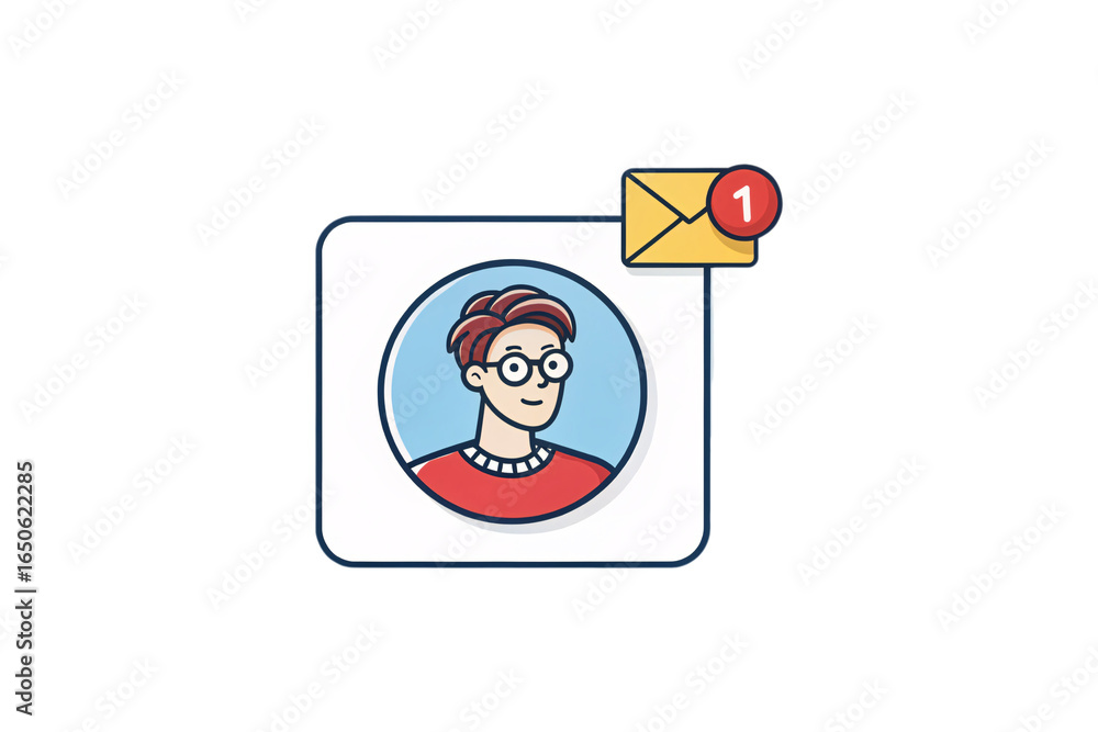 Poster contact card interface showing user with glasses and yellow envelope notification badge for messagin