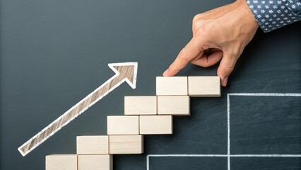 Hand placing wooden blocks to create a rising staircase with an upward arrow