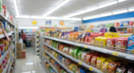Abstract blurred background of a convenience store or supermarket aisle