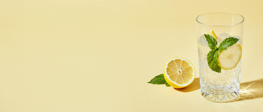 Lemon basil spritz, monochrome pale yellow background. - Powered by Adobe