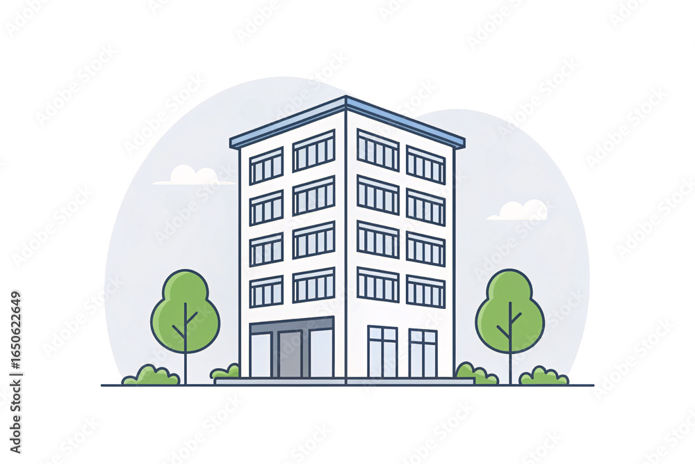Poster clean modern office building with grid-pattern windows, four stories, entrance level, and minimal ar