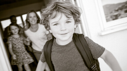 A young boy with curly hair and a backpack runs outside, smiling. Two family members follow him, with a bright interior visible. The scene is lively and cheerful.