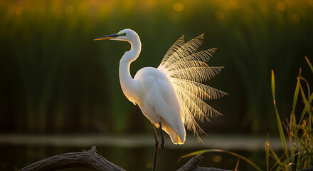 An elegant great egret, illuminated by the golden hour sun, gracefully displays its fanned feathers while standing serenely in its natural wetland habitat.