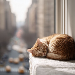 Peaceful feline nap. Golden tabby cat curled up asleep on a window perch, city backdrop. Serenity, comfort, and urban pet life concept. Soft light, warm tones.
